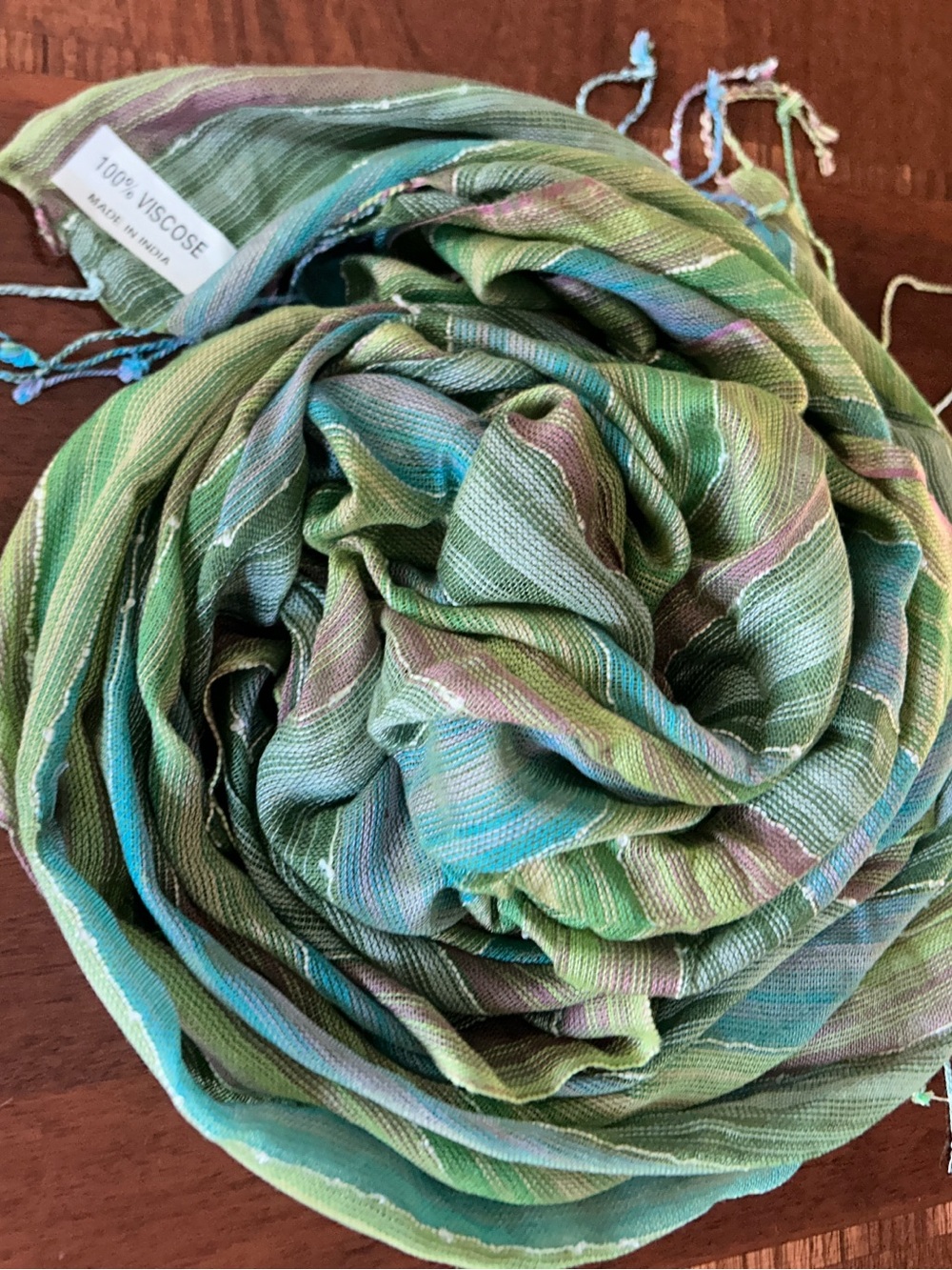 Green Blue Striped Viscose Scarf 23“ x 70“ made in India 🇮🇳